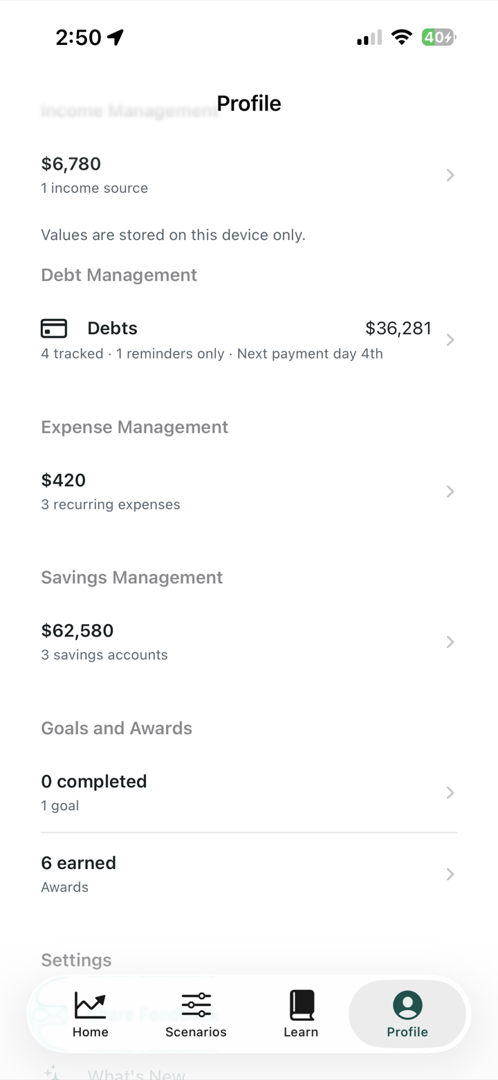 EastStar profile showing income, debt, expenses, savings, goals, and awards
