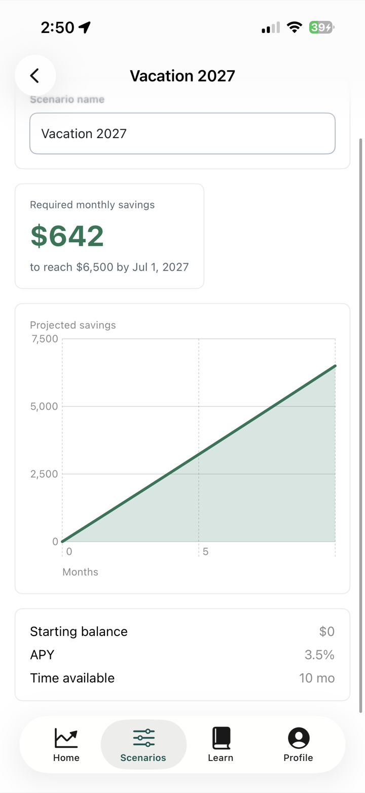 EastStar savings scenario showing the monthly amount needed to reach a target date